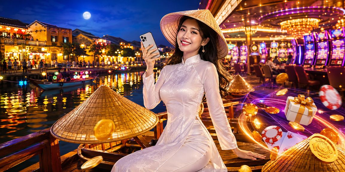 Hội An lãng mạn với người dùng trải nghiệm mobile casino trên điện thoại trong trang phục áo dài